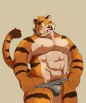  briefs clothed clothing feline kotetsu_oshima male mammal muscular muscular_male navel nipples shiba-kenta solo tiger topless underwear underwear_pull 
