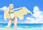  bad_id bad_pixiv_id bikini blonde_hair breasts cleavage cloud day front-tie_top green_eyes highres lowleg medium_breasts ocean open_mouth original short_hair sky smile solo swimsuit tenjou_no_hoshi towel wading water 