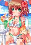  absurdres bad_id bad_pixiv_id bangs bikini blush body_blush breasts brown_hair chair cleavage cocktail crazy_straw cup day drink drinking drinking_glass drinking_straw flower food front-tie_bikini front-tie_top fruit green_eyes hair_flower hair_ornament hibiscus highres horizon iwato_(celler) jacket looking_at_viewer medium_breasts o-ring ocean off_shoulder orange orange_slice original outdoors short_hair short_sleeves sitting sky solo swimsuit table thigh_strap tropical_drink umbrella 