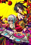  amplifier arm_warmers bikini_top disco_ball dj guitar headphones heterochromia highres hood hoodie instrument jewelry kuromaru9 mixing_console multiple_girls necktie original phonograph record striped striped_legwear sunglasses thighhighs tongue turntable 