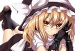  bad_id bad_pixiv_id blonde_hair close-up fingerless_gloves gloves hands_together hat kirisame_marisa looking_at_viewer lying on_stomach own_hands_together smile solo takemori_shintarou touhou tsurime witch_hat yellow_eyes 