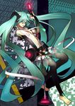  absurdres aqua_eyes aqua_hair barefoot belt binary bridal_gauntlets elbow_gloves fingerless_gloves gloves hatsune_miku hatsune_miku_(append) highres long_hair md5_mismatch microphone microphone_stand navel necktie shirabi solo toeless_legwear twintails very_long_hair vocaloid vocaloid_append 