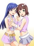  amami_haruka belt blue_eyes blue_hair blush brown_hair green_eyes holding_hands idolmaster idolmaster_(classic) idolmaster_2 jiyuuyuu kisaragi_chihaya midriff multiple_girls navel pink_diamond_765 skirt wrist_cuffs 