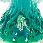  against_tree barefoot book copyright_request denim elf grass jeans long_hair lowres necktie pants pointy_ears satoyasu sitting solo tree 