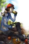  eating food gen_5_pokemon hat jacket mikami pidove pokemon pokemon_(creature) pokemon_(game) pokemon_bw saliva sandwich sweat tepig touya_(pokemon) 