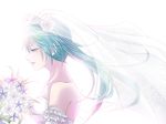  aqua_eyes aqua_hair bouquet bride dress flower hatsune_miku long_hair ryoko_(game_x_over) simple_background solo vocaloid wedding_dress 