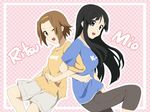  akiyama_mio back-to-back black_eyes black_hair brown_eyes brown_hair clothes_writing face ikari_manatsu k-on! locked_arms long_hair multiple_girls shirt short_hair t-shirt tainaka_ritsu 