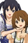  black_hair brown_eyes brown_hair casual chain collar hirasawa_yui k-on! leash long_hair multiple_girls nakano_azusa no10 overalls paw_pose short_hair twintails 