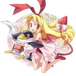  asagiri_asagi asagiri_asagi_(prinny) bare_legs bat_wings blonde_hair bow demon_girl demon_tail detached_sleeves disgaea fang flonne flonne_(fallen_angel) high_heels karina long_hair nippon_ichi pointy_ears prinny red_eyes red_wings ribbon shoes tail tail_bow wings 