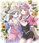  atelier_(series) atelier_rorona atelier_totori blue_eyes blue_sleeves bracelet breasts brown_hair capelet cleavage detached_sleeves flower grey_eyes grey_hair hand_on_shoulder hat jewelry medium_breasts mi_ti multiple_girls necklace potion rororina_fryxell side_slit smile totooria_helmold vial 