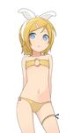  aqua_eyes arms_behind_back bad_id bad_pixiv_id bandeau bikini blonde_hair flat_chest hair_ornament hair_ribbon hairclip kagamine_rin looking_at_viewer navel o-ring o-ring_top ribbon short_hair simple_background solo swimsuit tamakorogashi vocaloid 