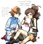  1girl bandaid baseball_cap brown_hair crying crying_with_eyes_open english first_aid gen_5_pokemon hat hat_removed headwear_removed jacket oshawott pokemon pokemon_(creature) pokemon_(game) pokemon_bw ponytail protecting scrape tears tepig touko_(pokemon) touya_(pokemon) vest weee_(raemz) 