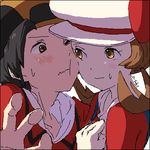  1girl alternate_costume backwards_hat bad_id bad_pixiv_id black_hair blush brown_eyes brown_hair cheek-to-cheek cheek_squash couple gold_(pokemon) hat hat_ribbon hetero kotone_(pokemon) lowres o-yuki oekaki overalls pokemon pokemon_(game) pokemon_hgss red_ribbon ribbon twintails 