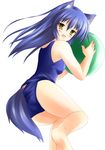  :d absurdres animal_ears ass bad_id bad_pixiv_id ball bangs barefoot beachball blue_hair blue_swimsuit blush dog_ears dog_tail fang from_side hair_between_eyes happy highres holding kotarou_(wanko) long_hair looking_at_viewer looking_back neko_pan one-piece_swimsuit open_mouth school_swimsuit simple_background smile soles solo swimsuit tail tail_through_clothes wanko_to_kurasou white_background yellow_eyes 