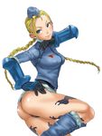  alternate_costume ass blonde_hair blue_eyes braid cammy_white fingerless_gloves garrison_cap gloves hat long_hair nanboku solo street_fighter street_fighter_iv_(series) twin_braids twisted_torso 