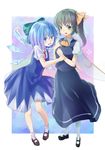  ascot bad_id bad_pixiv_id blue_eyes blue_hair cirno daiyousei fairy fairy_wings full_body ice ice_wings looking_at_viewer mary_janes multiple_girls muranisaki ponytail shoes side_ponytail standing touhou wings 