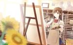  apron art_brush bow brown_eyes brown_hair canvas_(object) easel flower long_hair original paint paintbrush painting palette sleeves_folded_up solo sunflower usui_(tripcube) 
