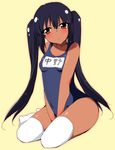  black_hair blush brown_eyes dark_skin k-on! kneeling long_hair nakano_azusa name_tag one-piece_swimsuit school_swimsuit solo swimsuit tan thighhighs tsukishiro_kou twintails 