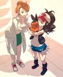  araragi_(pokemon) bad_id bad_pixiv_id baseball_cap boots brown_hair closed_eyes crossed_arms denim denim_shorts earrings gen_5_pokemon green_eyes hair_bun hat highres hug jewelry labcoat legs multiple_girls no_socks nuzzle orange_hair pencil_skirt pokemon pokemon_(creature) pokemon_(game) pokemon_bw ponytail ryman shoes short_shorts shorts skirt tank_top tepig thighs touko_(pokemon) vest 