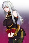  bare_shoulders black_gloves gloves long_hair looking_at_viewer red_eyes selvaria_bles senjou_no_valkyria silver_hair solo uniform yurizuka_(sergeant_heart) 