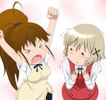  &gt;_&lt; =_= ahoge apron arms_up asumi_kana blush breast_envy brown_hair clenched_hands closed_eyes crossover hidamari_sketch long_hair multiple_girls open_mouth ponytail raised_fists ribonzu school_uniform seiyuu_connection taneshima_popura tears very_long_hair waitress working!! yuno 