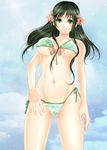  bikini breasts cherry_blossoms flower green_eyes green_hair large_breasts long_hair ooshima_amami original solo swimsuit underboob 