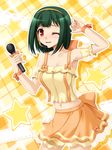  bad_id bad_pixiv_id cosplay headset idol idolmaster idolmaster_(classic) macross macross_frontier microphone one_eye_closed orange_(color) orange_background orange_skirt otonashi_kotori ranka_lee ranka_lee_(cosplay) skirt solo star totokichi 