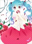  apple aqua_hair bad_id bad_pixiv_id bow flower food fruit hatsune_miku heart holding holding_food holding_fruit long_hair namaito petals pink_eyes rose shiroi_yuki_no_princess_wa_(vocaloid) skirt solo symbol-shaped_pupils thorns twintails vocaloid 