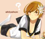  bad_id bad_pixiv_id blush breasts brown_hair cleavage flower hair_flower hair_ornament koyori_(pixiv) medium_breasts persona persona_4 satonaka_chie school_uniform short_hair skirt socks solo wristband 