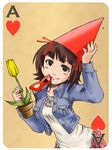  amami_haruka brown_eyes brown_hair card card_(medium) casual flower flower_pot hat idolmaster idolmaster_(classic) mask mouth_hold playing_card short_hair solo tulip unaya_yoshimi 