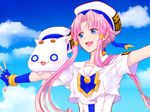  aria aria_pokoteng bleumort cloud day fingerless_gloves gloves hair_tubes hat mizunashi_akari outstretched_arms pink_hair short_hair_with_long_locks sidelocks sky smile solo spread_arms uniform 