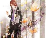  bad_id bad_pixiv_id bag belt blazer brown_eyes brown_hair bug butterfly hand_in_pocket insect jacket male_focus necktie open_collar persona persona_2 plant school_bag school_uniform single_vertical_stripe solo suou_tatsuya tottome unbuttoned 