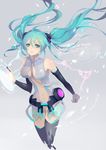  aqua_eyes aqua_hair digital_dissolve dissolving elbow_gloves english fingerless_gloves gloves hatsune_miku hatsune_miku_(append) highres junejevons long_hair navel necktie solo thighhighs twintails very_long_hair vocaloid vocaloid_append 