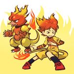 fire gen_1_pokemon hitec magmar male_focus moemon personification pokemon pokemon_(creature) red_hair shorts tail tail-tip_fire 