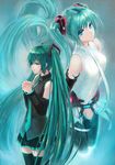  absurdres aqua_eyes aqua_hair belt chourui_keiko detached_sleeves dual_persona elbow_gloves gloves hatsune_miku hatsune_miku_(append) highres long_hair md5_mismatch navel necktie ringed_eyes skirt thighhighs twintails very_long_hair vocaloid vocaloid_append zettai_ryouiki 