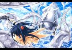  afterimage animal bad_id bad_pixiv_id battle bikini blue_eyes blue_hair hair_ornament hairclip highres knife letterboxed long_hair original oversized_animal slashing solo speed_lines splashing squid swimsuit tentacles visualcat water_battle 