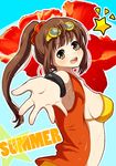  armpits bad_id bad_pixiv_id bikini_top breasts brown_hair flower goggles hands kannamikoto long_hair medium_breasts original ponytail sideboob solo star swimsuit yellow_eyes 