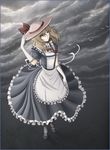  apron bird blonde_hair border cloud dark_clouds elbow_gloves frills gloves grey hand_on_headwear hat hat_ribbon highres kana_anaberal pantyhose ribbon sky solo stainglass_(artist) standing touhou touhou_(pc-98) white_legwear yellow_eyes 