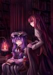  blanket book bookshelf candle chair closed_eyes covering_with_blanket head_wings kaizeru koakuma ladder library long_hair multiple_girls patchouli_knowledge purple_hair red_eyes red_hair sitting sleeping touhou voile wings 