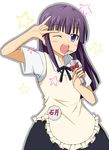  \m/ apron bad_id bad_pixiv_id badge blue_eyes blush_stickers bow long_hair nma one_eye_closed open_mouth purple_hair ribbon solo standing star tsurime waitress whisk working!! yamada_aoi 