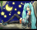  aqua_eyes aqua_hair aqua_nails blush detached_sleeves hatsune_miku kadomaki_shinnosuke letterboxed long_hair mobile moon nail_polish necktie sitting solo star thighhighs twintails very_long_hair vocaloid 