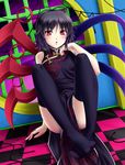  :o against_wall arm_support asymmetrical_wings bad_id bad_pixiv_id black_hair black_legwear checkered checkered_floor china_dress chinese_clothes dress dutch_angle feet floral_print houjuu_nue mochi.f open_mouth perspective red_eyes short_hair sitting solo thighhighs touhou window wings 