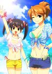  bad_id bad_pixiv_id bikini bikini_under_clothes black_hair blue_eyes brown_eyes brown_hair denim denim_shorts front-tie_top long_hair multiple_girls one_eye_closed original ponytail shirt short_hair shorts side-tie_bikini swimsuit swimsuit_under_clothes tied_shirt twintails waving zero_q 