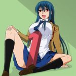  bad_id bad_pixiv_id between_breasts blue_hair breast_rest breasts diamond_cut_diamond jacket kenji_t1710 large_breasts long_hair necktie official_art red_eyes shigyou_yuuyami shirt sitting solo spread_legs 