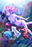  absurdres bikini breasts cleavage coral dolphin fish freediving front-tie_top guttyod highres jellyfish medium_breasts octopus original pink_eyes pink_hair puffy_cheeks seahorse short_hair solo stingray swimming swimsuit turtle underwater whale 