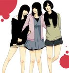  a~chan bad_id bad_pixiv_id black_hair black_nails bob_cut dress hood hoodie hug kashiyuka knees long_hair long_sleeves monsieur multiple_girls nail_polish nocchi_(perfume) perfume scarf short_hair shorts smile 