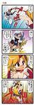  4koma battle braid brown_hair comic dei_shirou duel highres horn hoshiguma_yuugi izayoi_sakuya long_hair multiple_girls short_hair silver_hair touhou translated twin_braids 