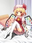  :t bad_id bad_pixiv_id bed blonde_hair colorized flandre_scarlet hat highres laevatein one_side_up pout rasahan red_eyes shiro_tsugumi short_hair solo thighhighs touhou wings 