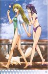  barefoot baseball_cap bikini dirty_feet dog excel excel_saga feet hat holding_hands hyatt menchi multiple_girls one-piece_swimsuit rikudou_koushi shirt swimsuit 