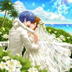  1girl blue_hair blue_nails bridal_veil bride brown_hair closed_eyes couple dress elbow_gloves flower formal gloves hamura_mayu hetero hug kaito meiko nail_polish palm_tree short_hair suit tree veil vocaloid wedding wedding_dress 